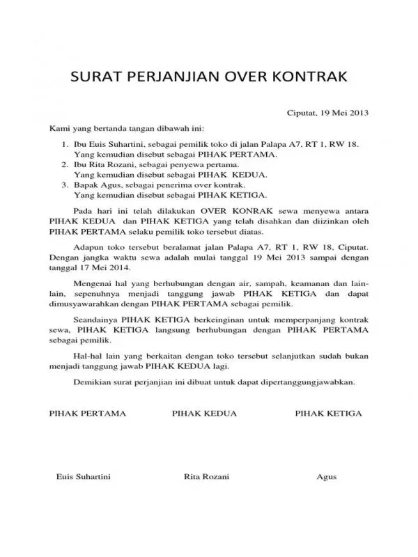 Contoh Surat Perjanjian Over Kontrak
