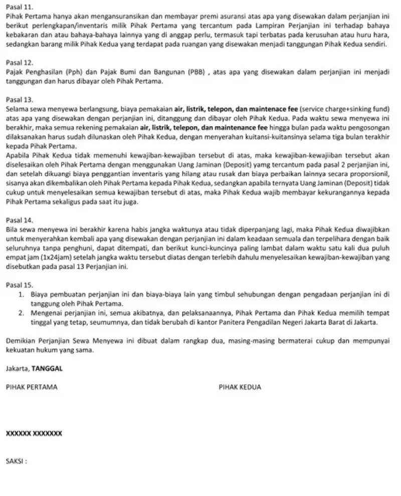Contoh Surat Perjanjian Sewa Apartemen