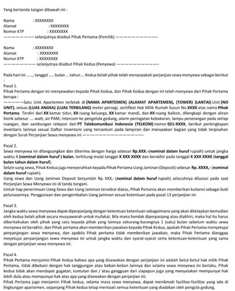 Contoh Surat Perjanjian Sewa Apartemen