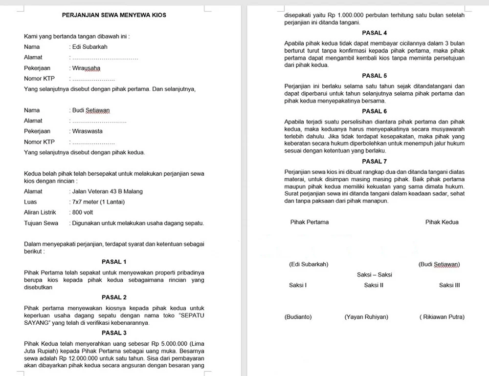 Contoh Surat Perjanjian Sewa Kios Lengkap